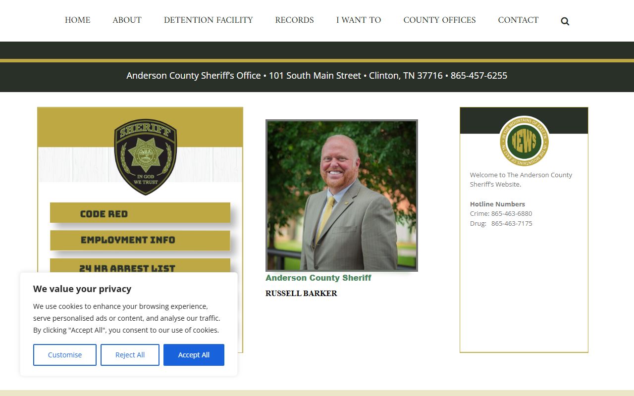Anderson County Sheriff's Office homepage for 72 hour booking records