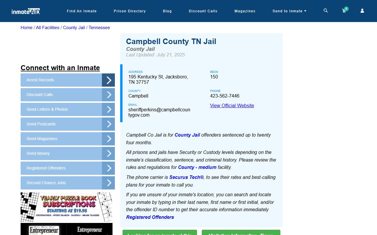 Campbell County Jail booking resources for 72 hour booking records
