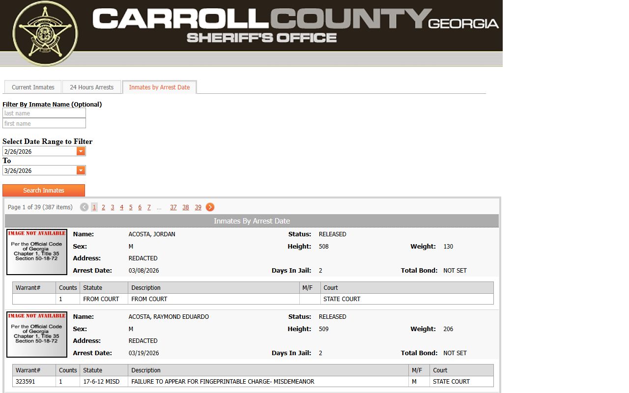 Carroll County inmates by arrest date search for 72 hour booking