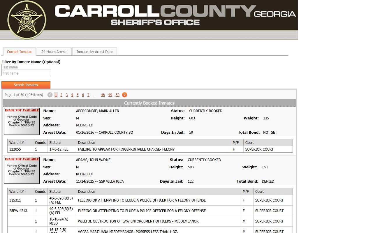 Carroll County InteropWeb current inmates page for 72 hour booking