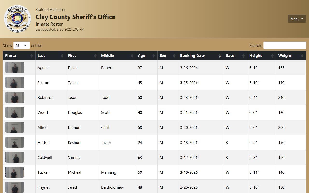 Clay County Sheriff inmate roster 72 hour booking