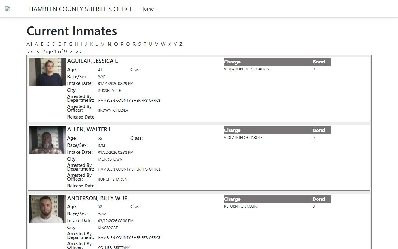 Hamblen County ISOMS portal for 72 hour booking records