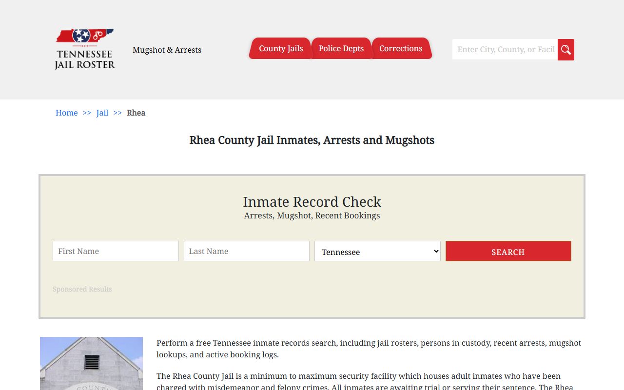 Rhea County jail information page for 72 hour booking records