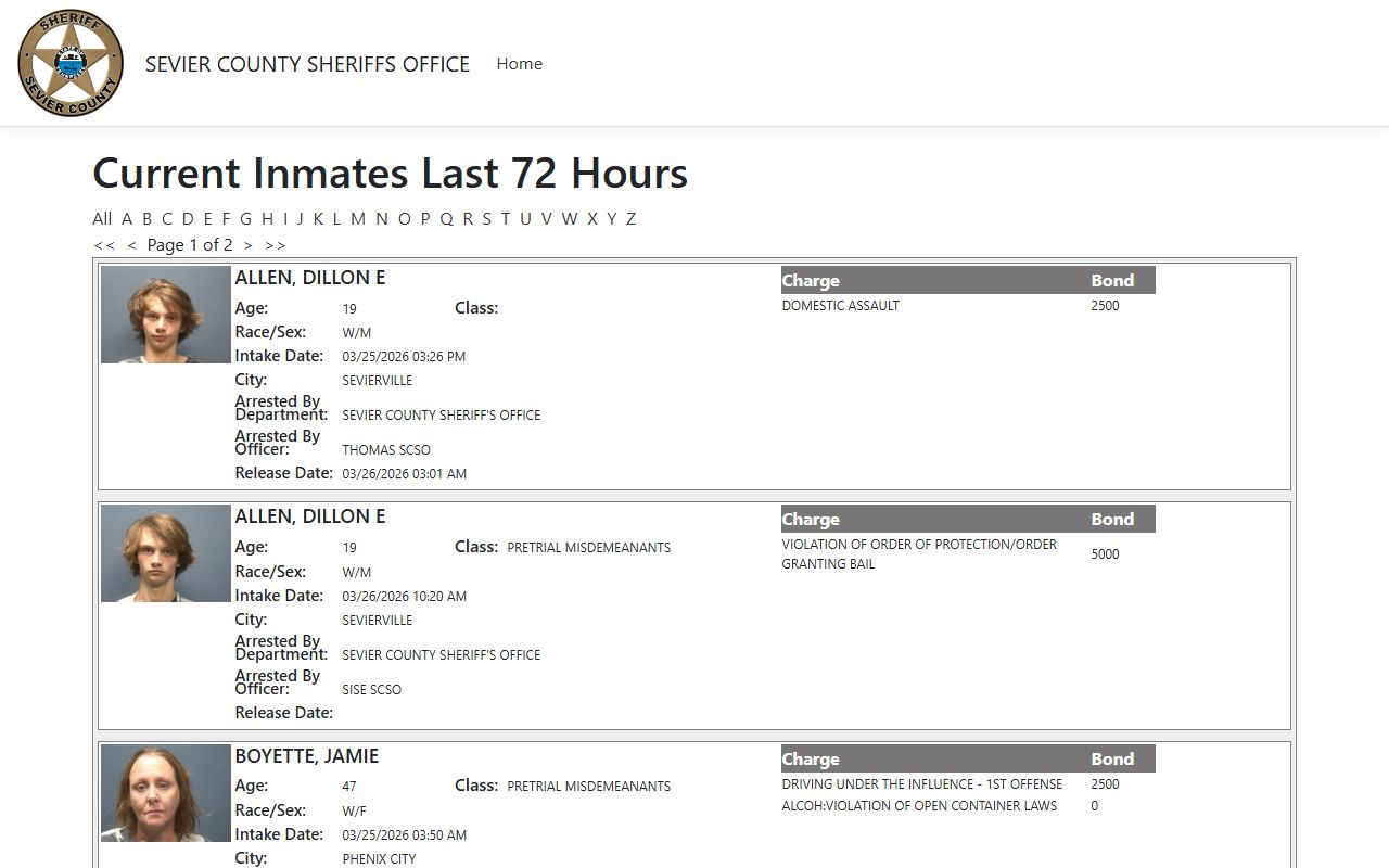 Sevier County Sheriff's Office homepage for 72 hour booking records