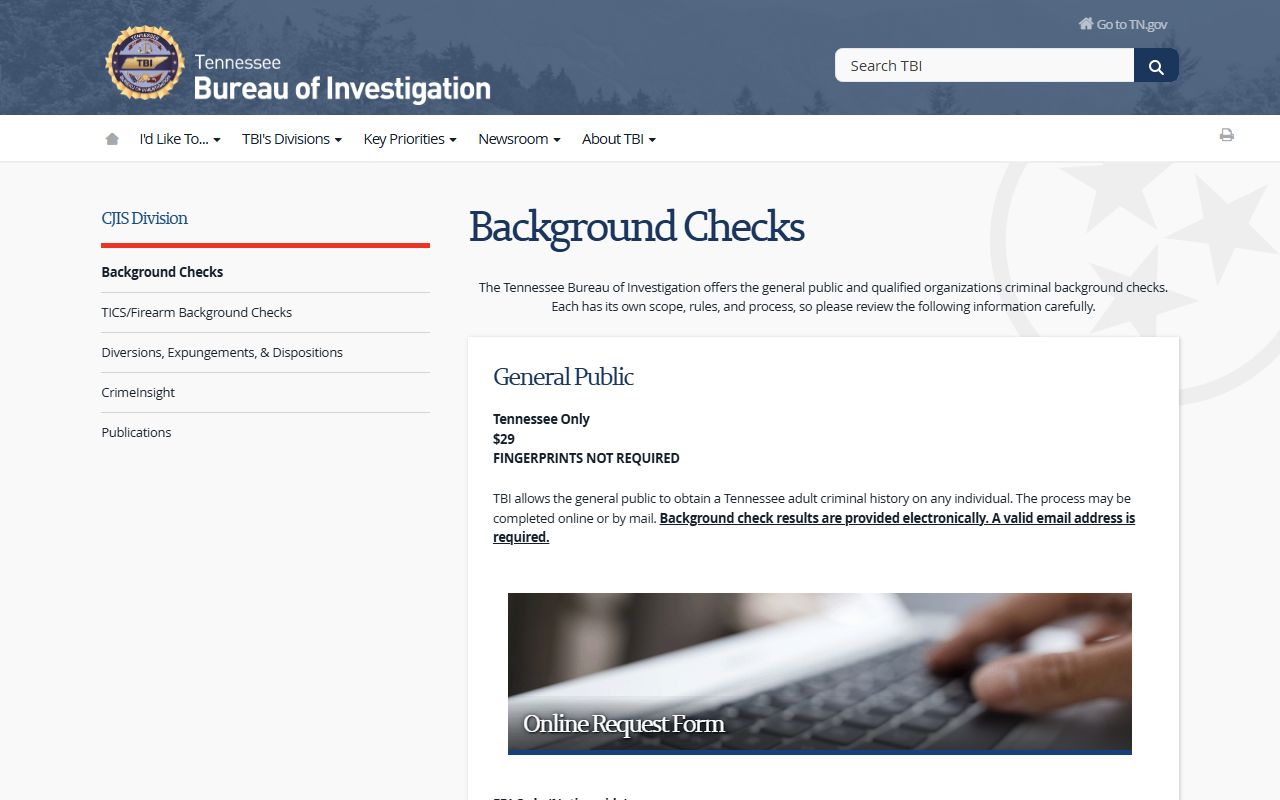 Tennessee 72 hour booking TBI criminal history background checks information page