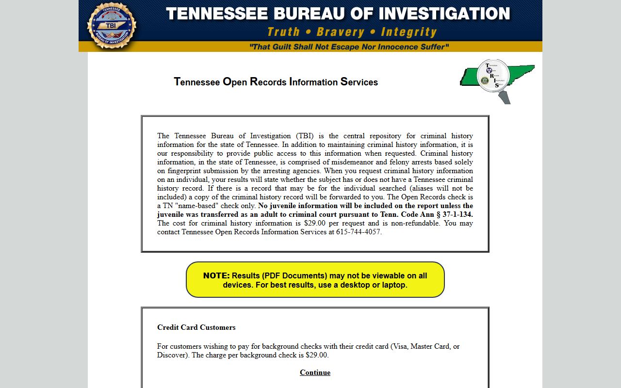 Tennessee 72 hour booking TBI TORIS criminal history search portal
