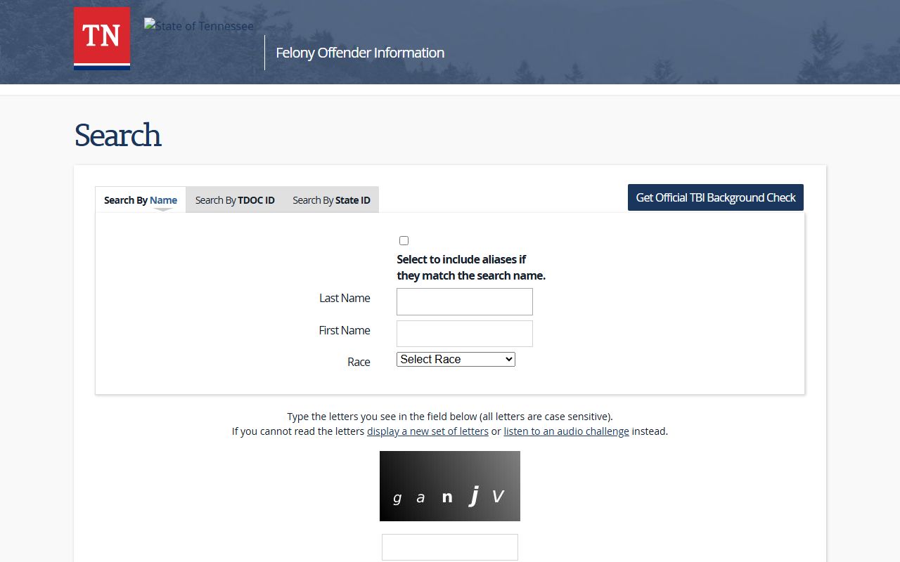 Tennessee 72 hour booking TDOC felony offender information lookup search page