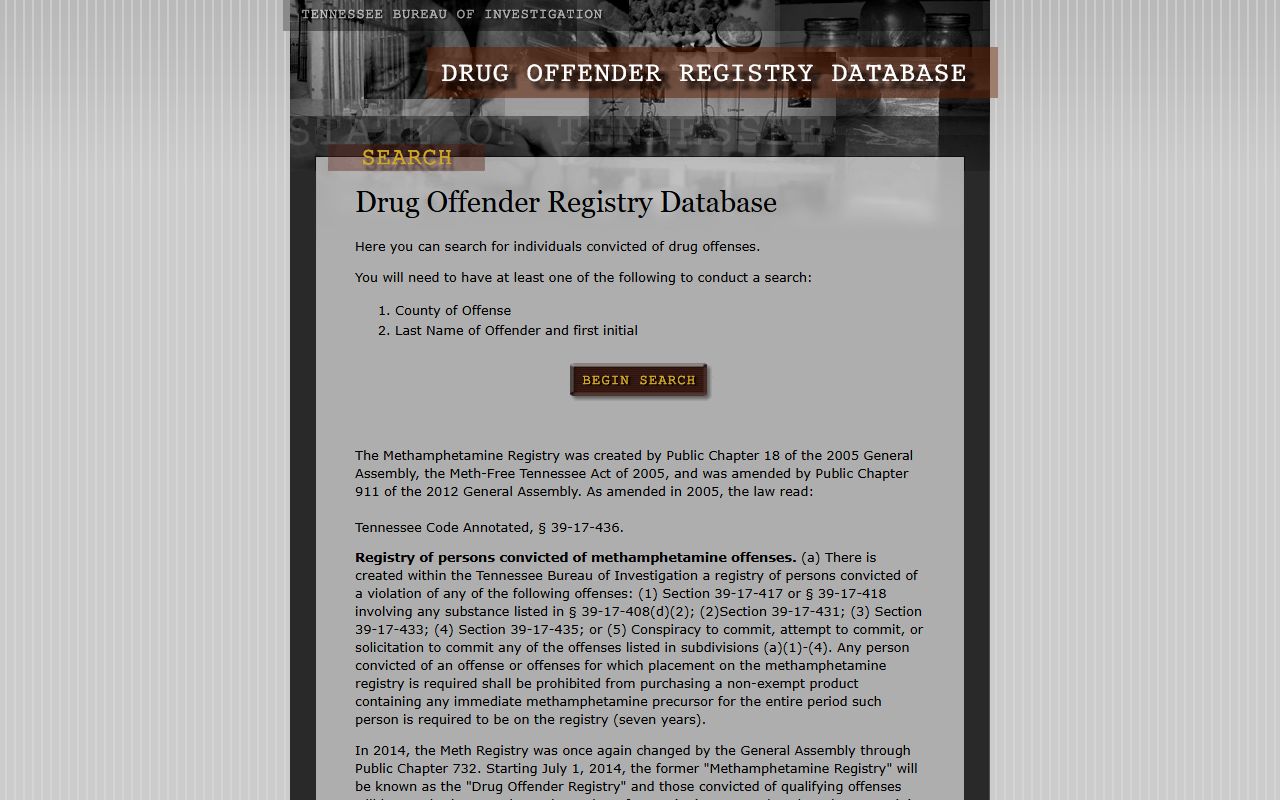 Tennessee 72 hour booking drug offender registry search page